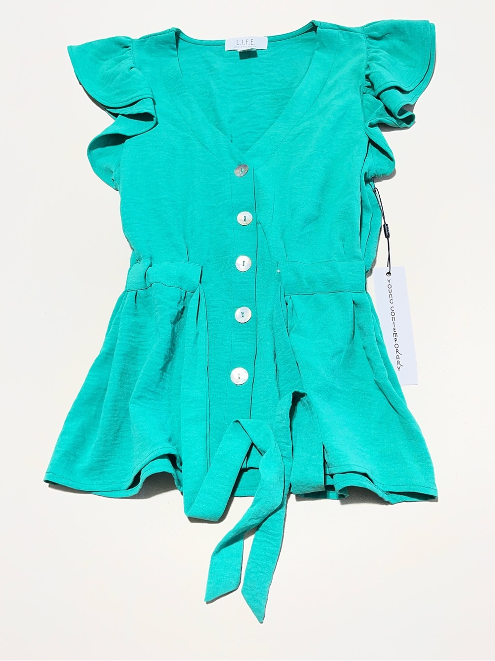 Teal Ruffle-Sleeve Button Front Blouse with Tie Waist